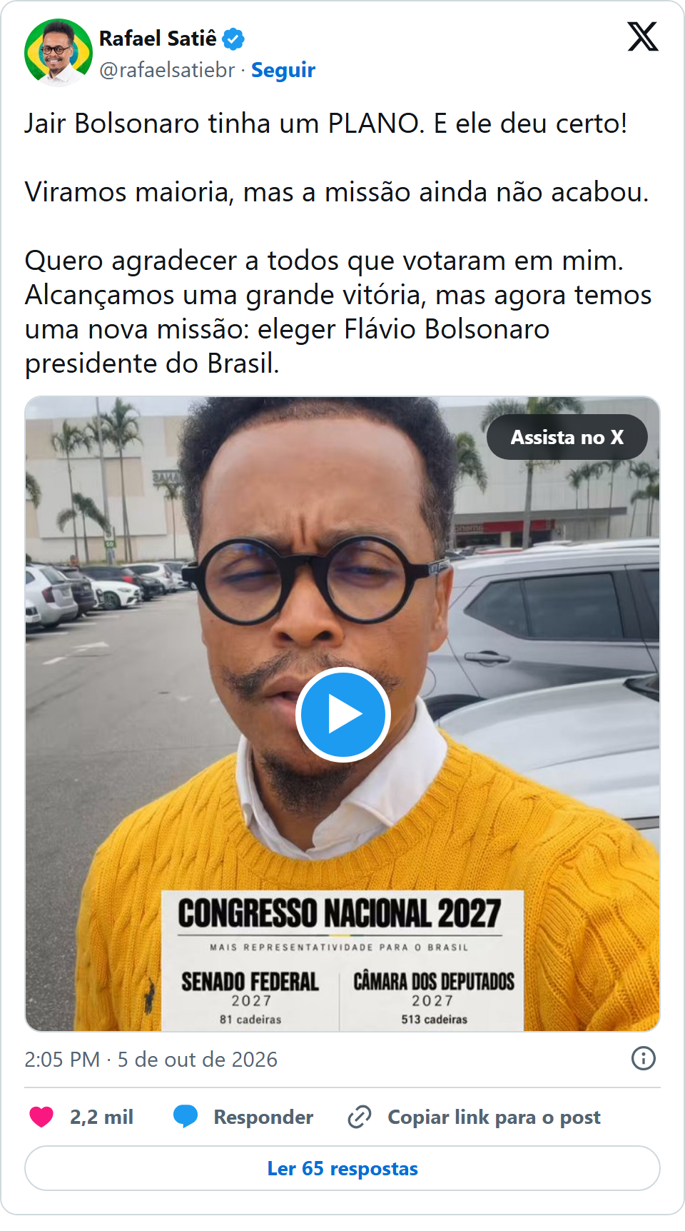 Print arquivado do post de Rafael Satiê em 05/10/2026