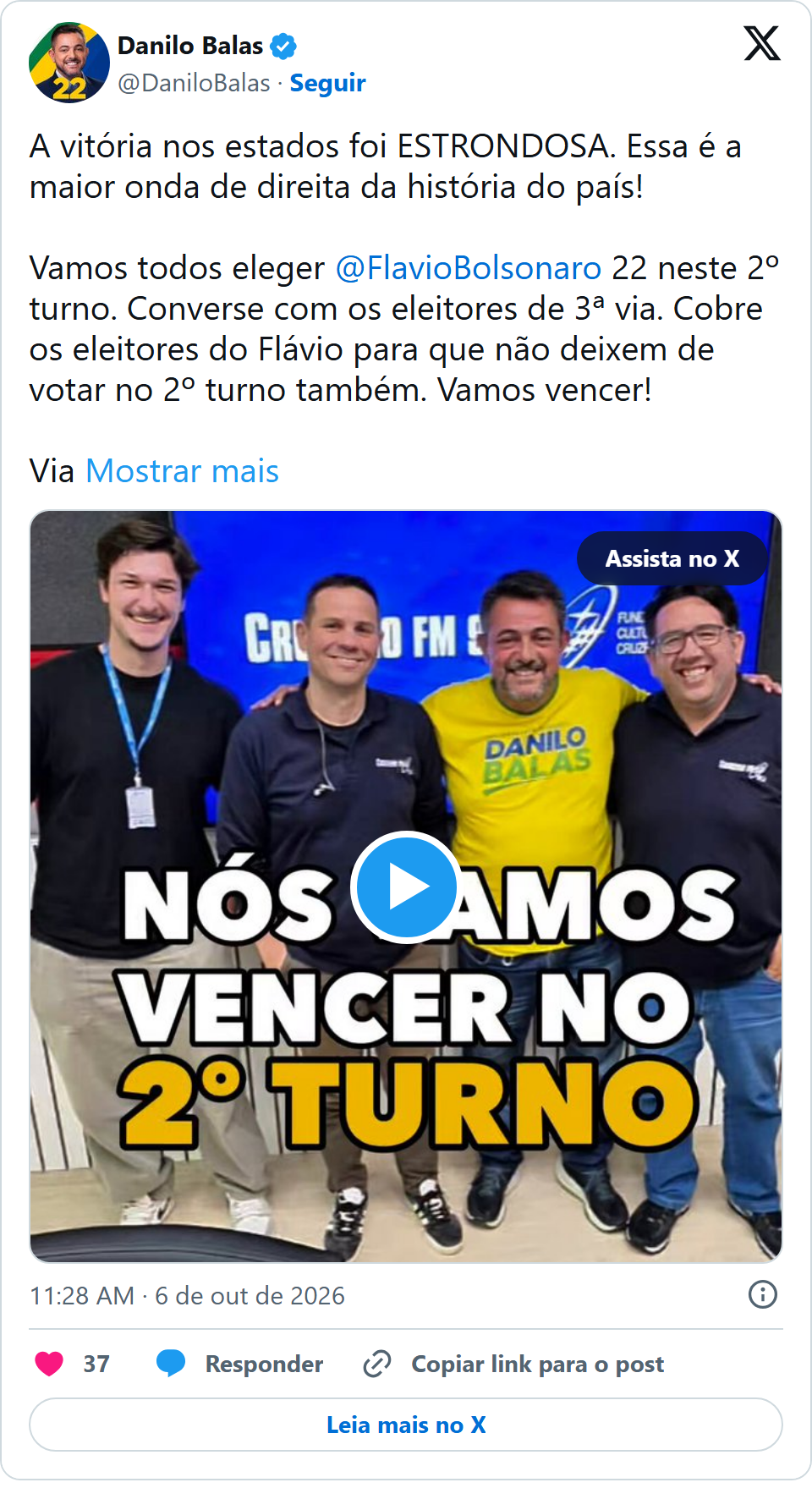 Print arquivado do post de Danilo Balas em 06/10/2026