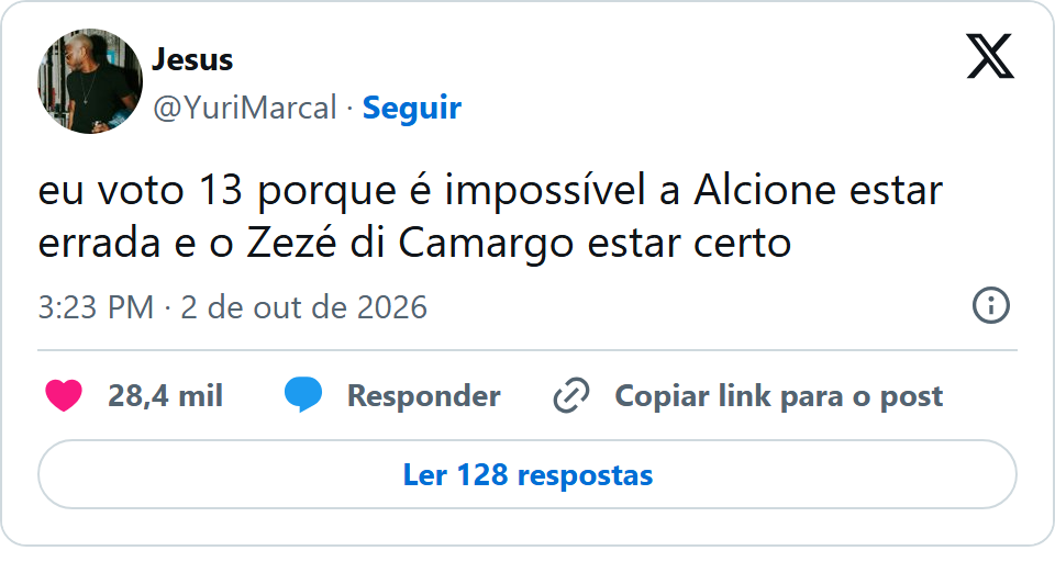 Print arquivado do post de Jesus (handle YuriMarcal) em 02/10/2026