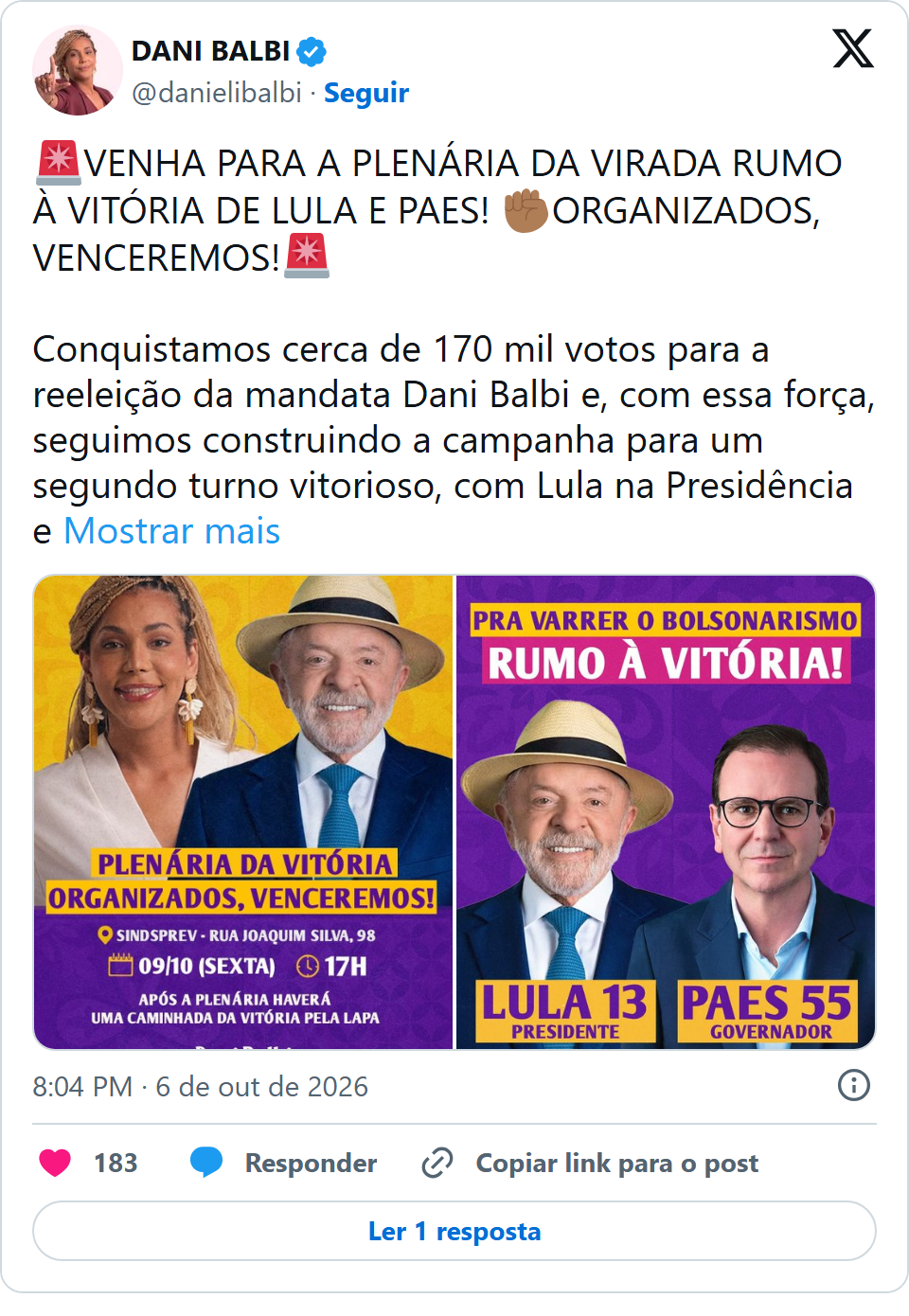 Print arquivado do post de Dani Balbi em 06/10/2026