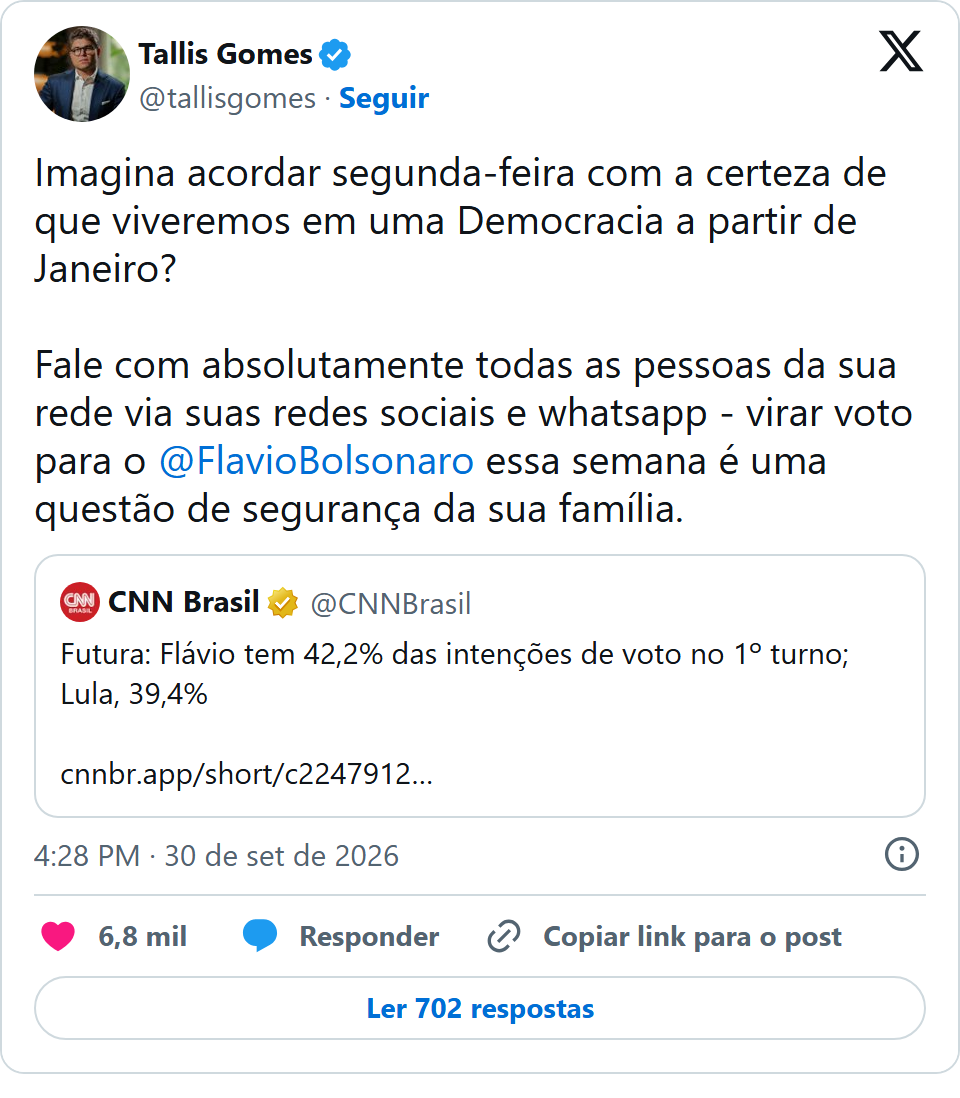 Print arquivado do post de Tallis Gomes em 30/09/2026