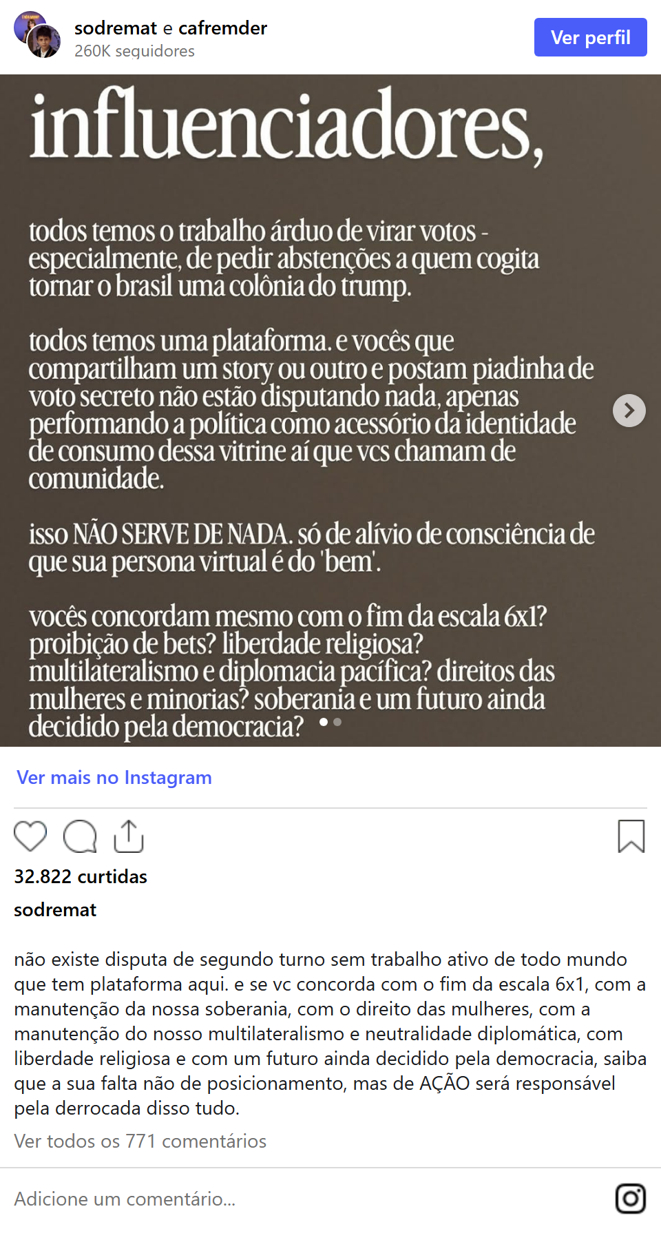 Print arquivado do post de Camila Fremder em 05/10/2026