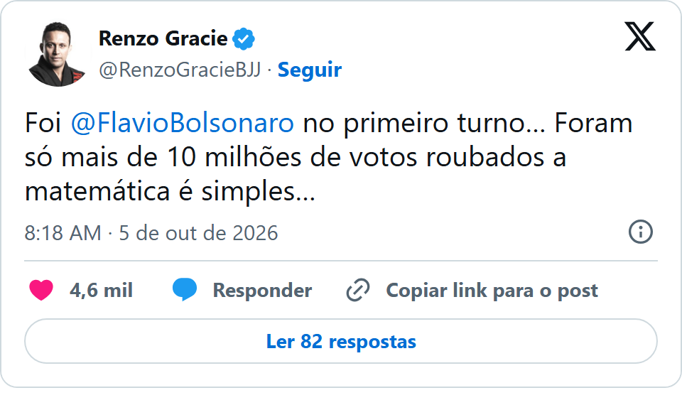 Print arquivado do post de Renzo Gracie em 05/10/2026