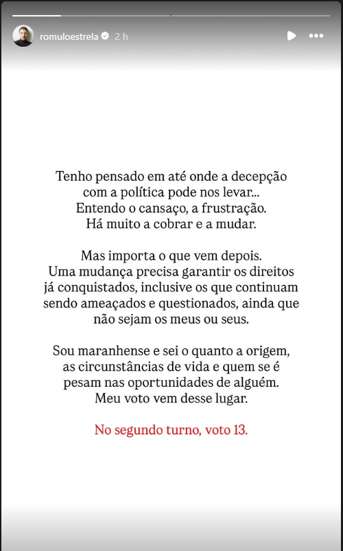Print arquivado do post de Rômulo Estrela em 07/10/2026