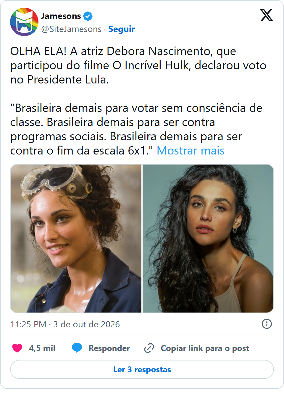 Print arquivado do post de Débora Nascimento em 03/10/2026