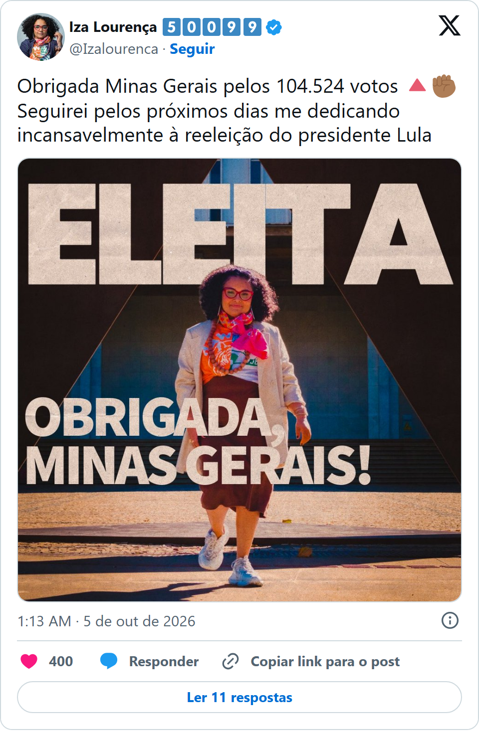 Print arquivado do post de Iza Lourença em 05/10/2026