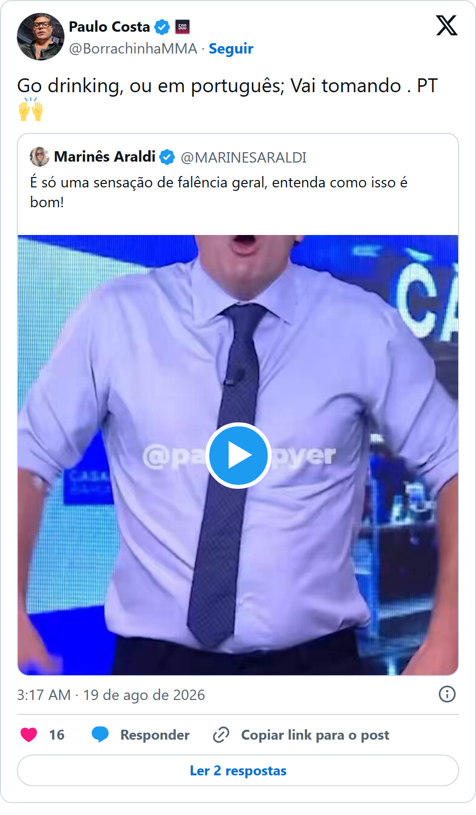 Print arquivado do post de Paulo Costa (Borrachinha) em 19/08/2026