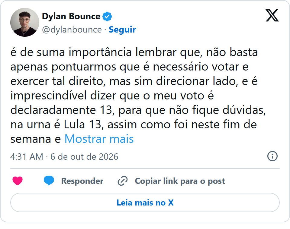 Print arquivado do post de Dylan Bounce em 06/10/2026