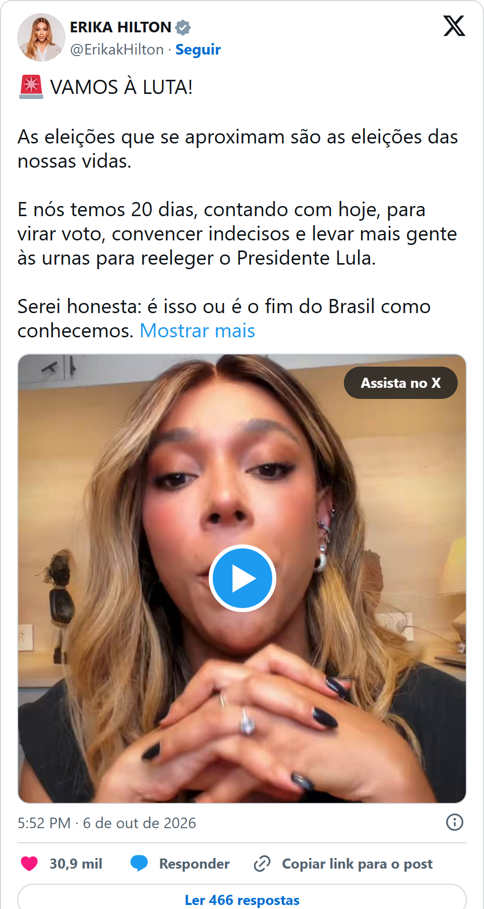 Print arquivado do post de Erika Hilton em 06/10/2026