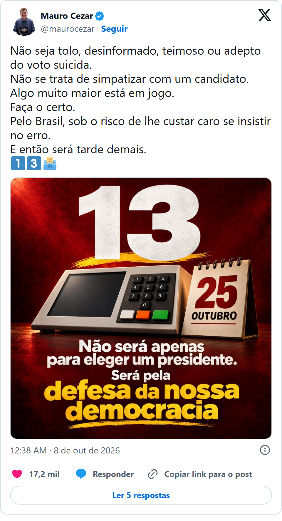 Print arquivado do post de Mauro Cezar em 08/10/2026