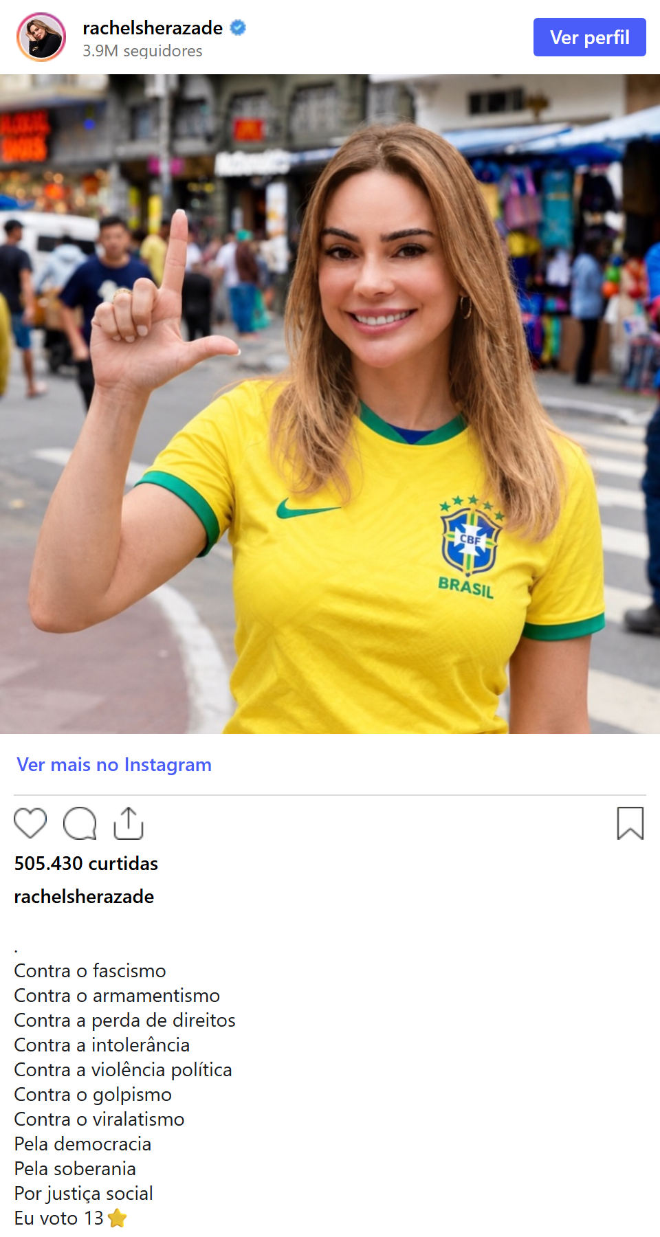 Print arquivado do post de Rachel Sheherazade em 17/10/2026