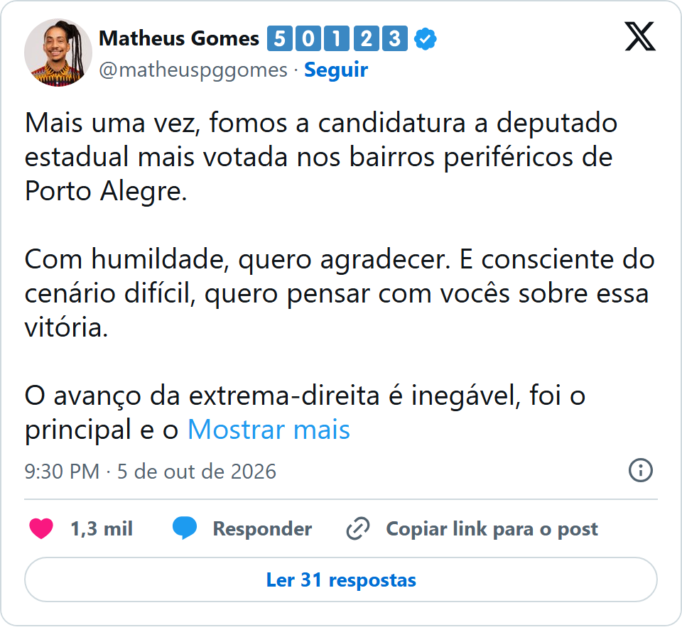 Print arquivado do post de Matheus Gomes em 05/10/2026