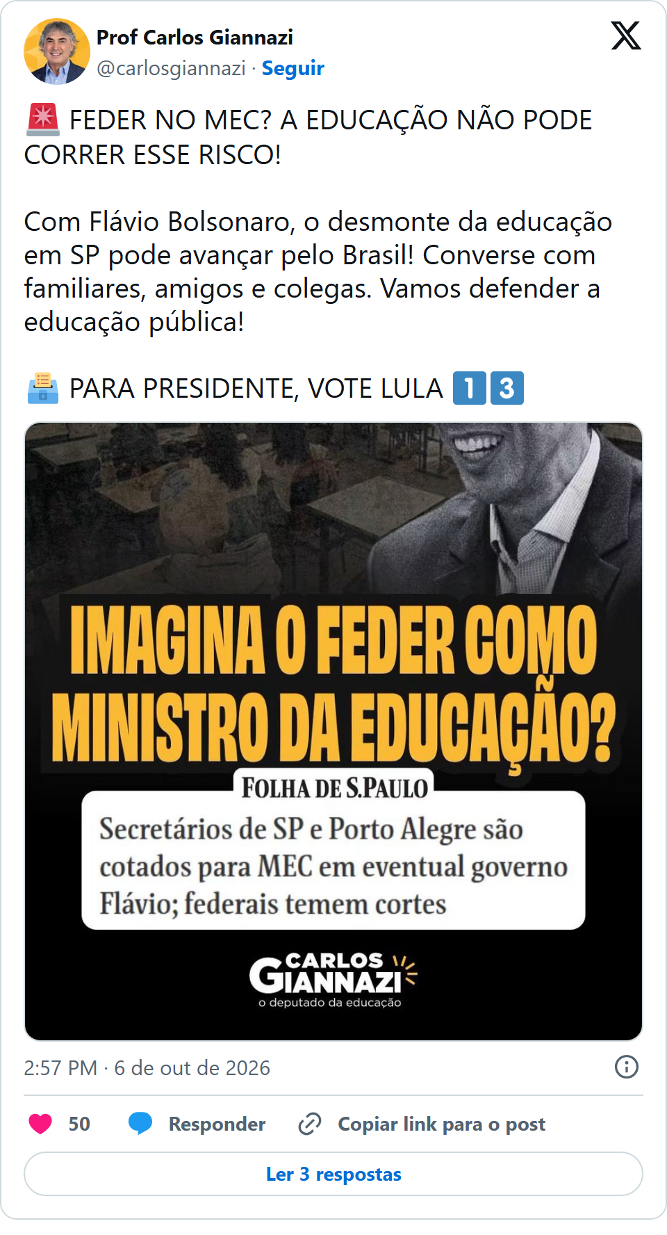 Print arquivado do post de Carlos Giannazi em 06/10/2026