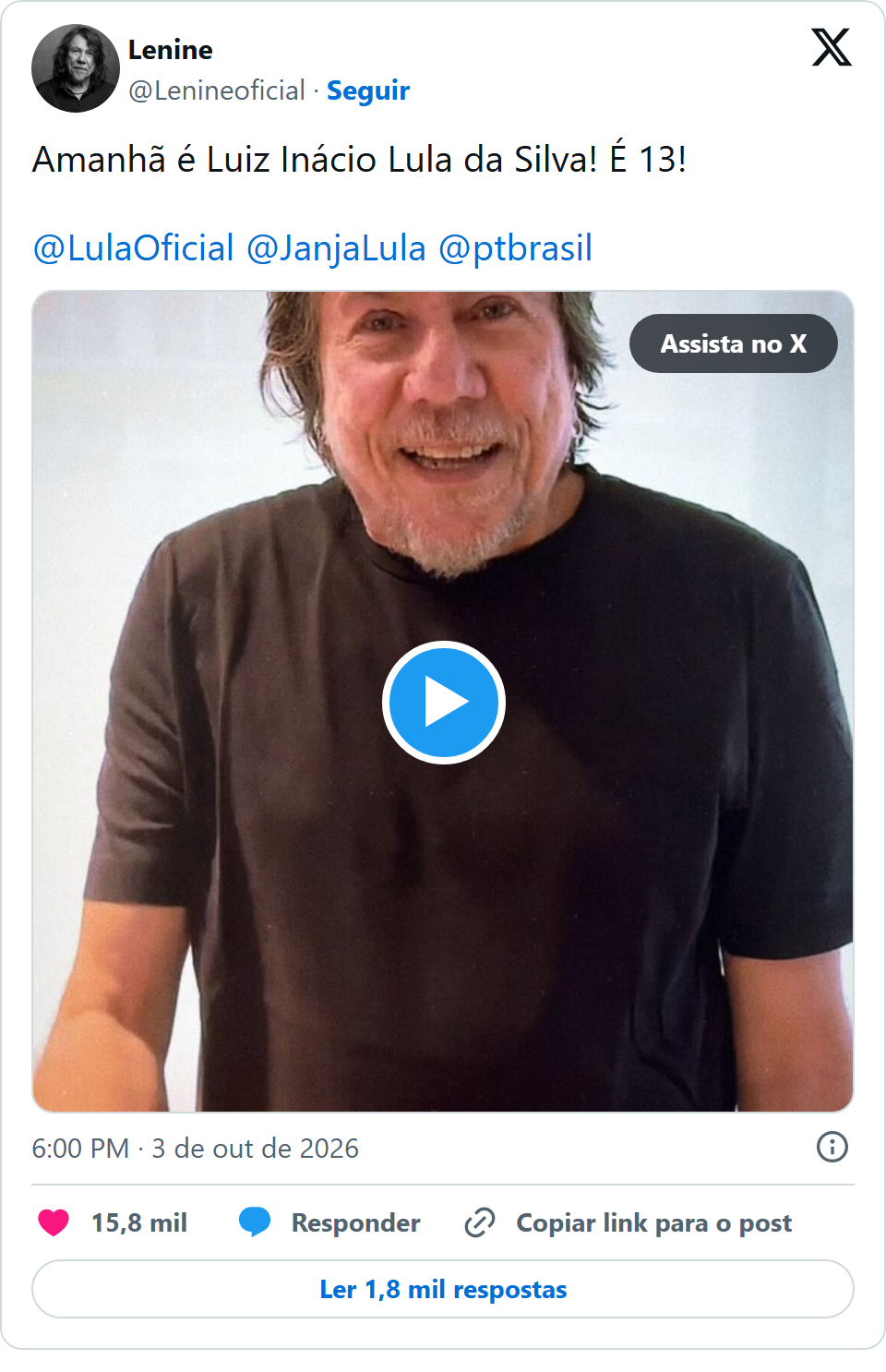 Print arquivado do post de Lenine em 03/10/2026
