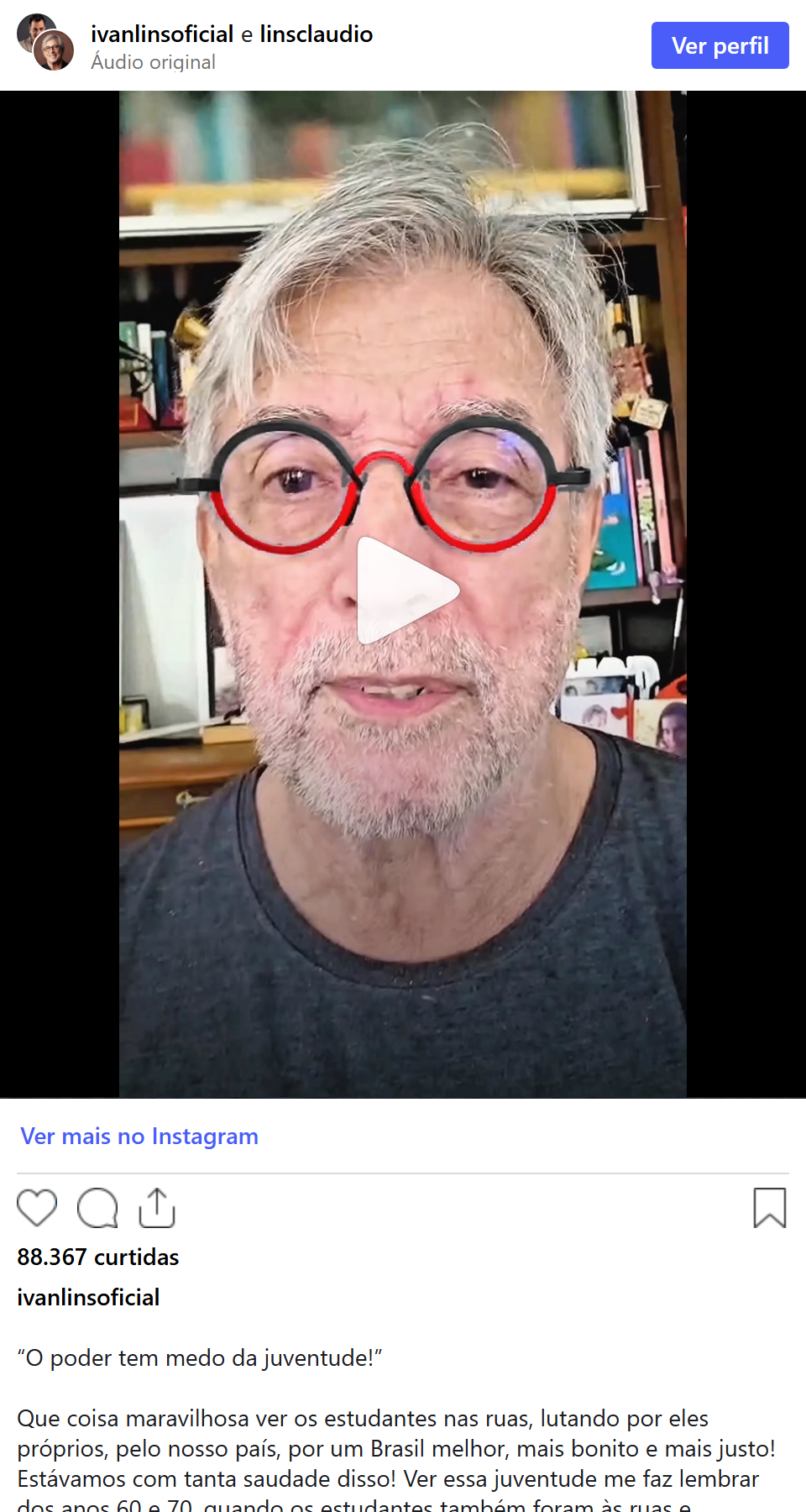 Print arquivado do post de Ivan Lins em 08/10/2026