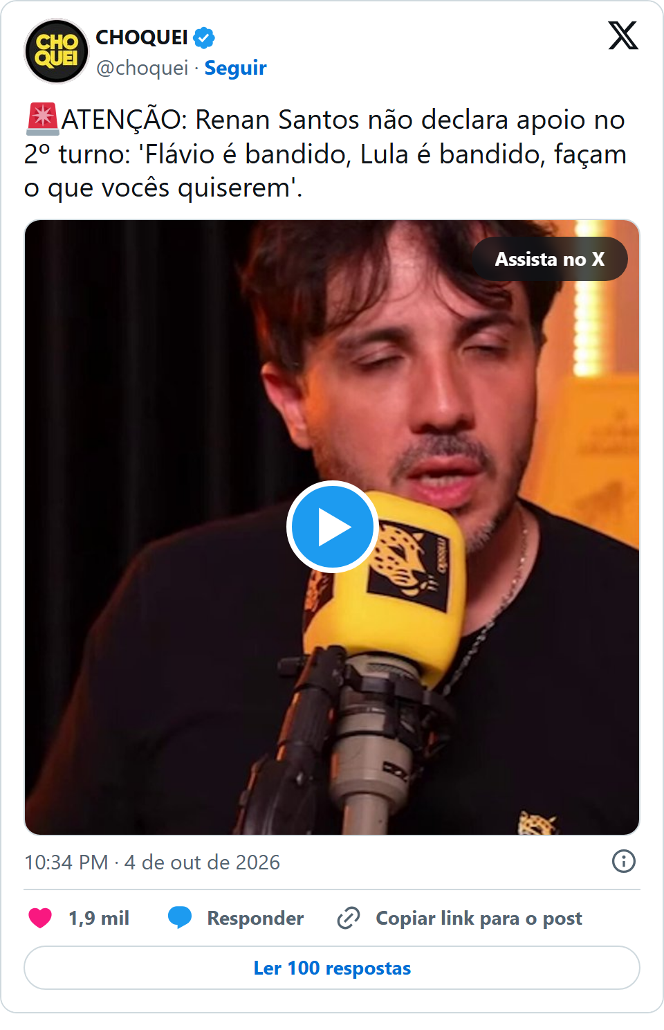 Print arquivado do post de Renan Santos em 04/10/2026