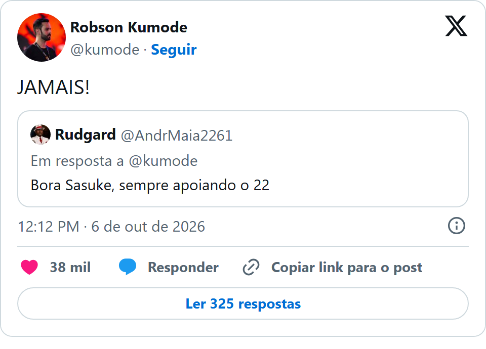 Print arquivado do post de Robson Kumode em 06/10/2026