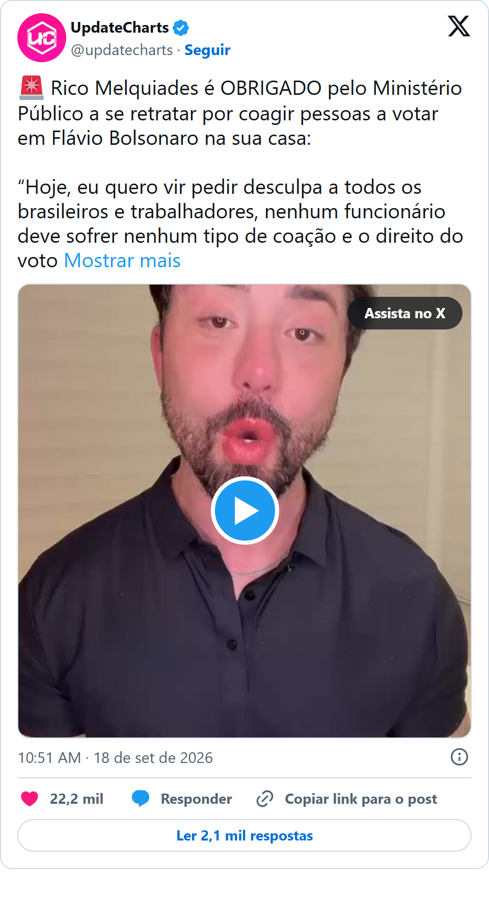 Print arquivado do post de Rico Melquiades em 18/09/2026