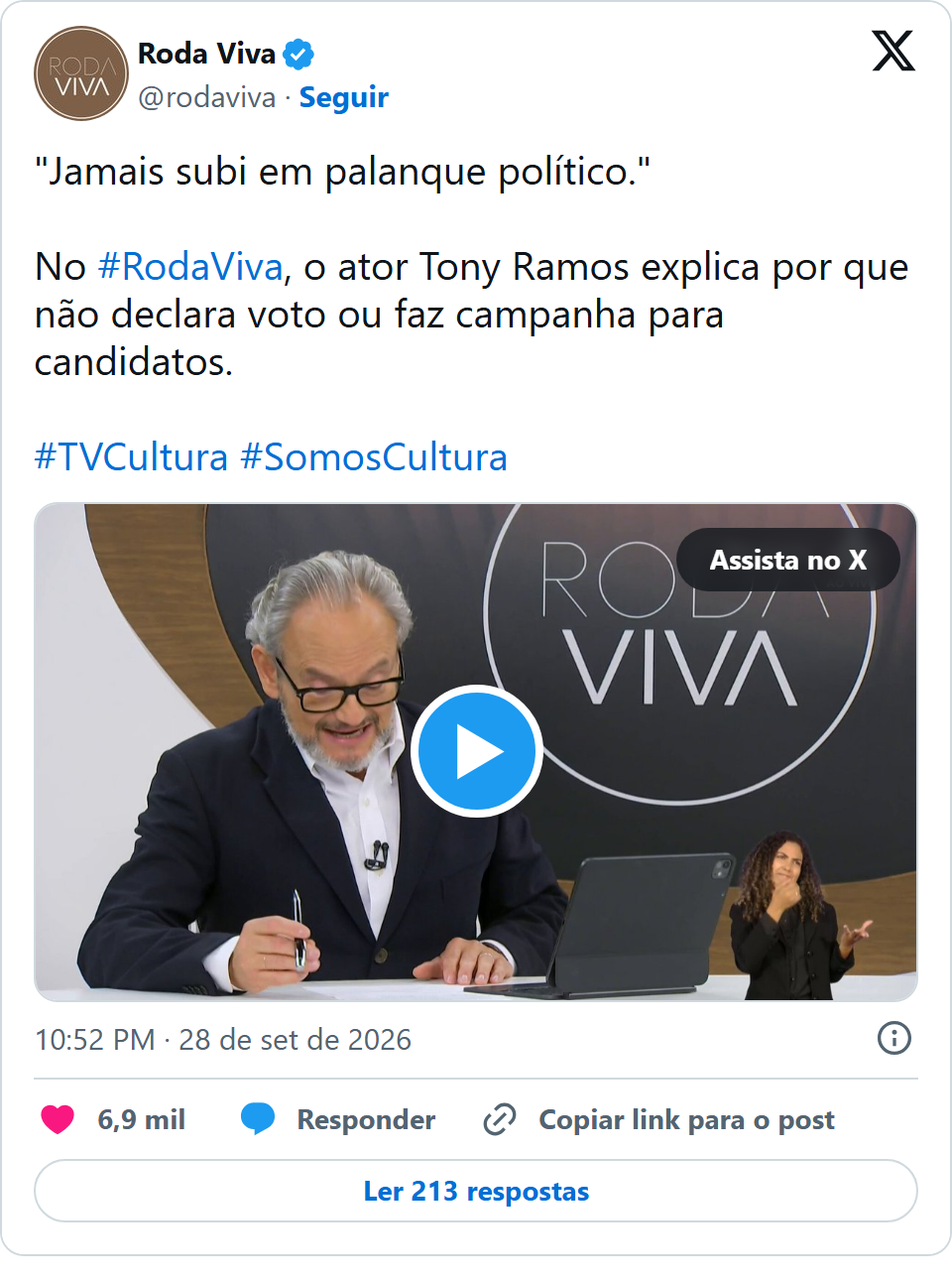 Print arquivado do post de Tony Ramos em 28/09/2026