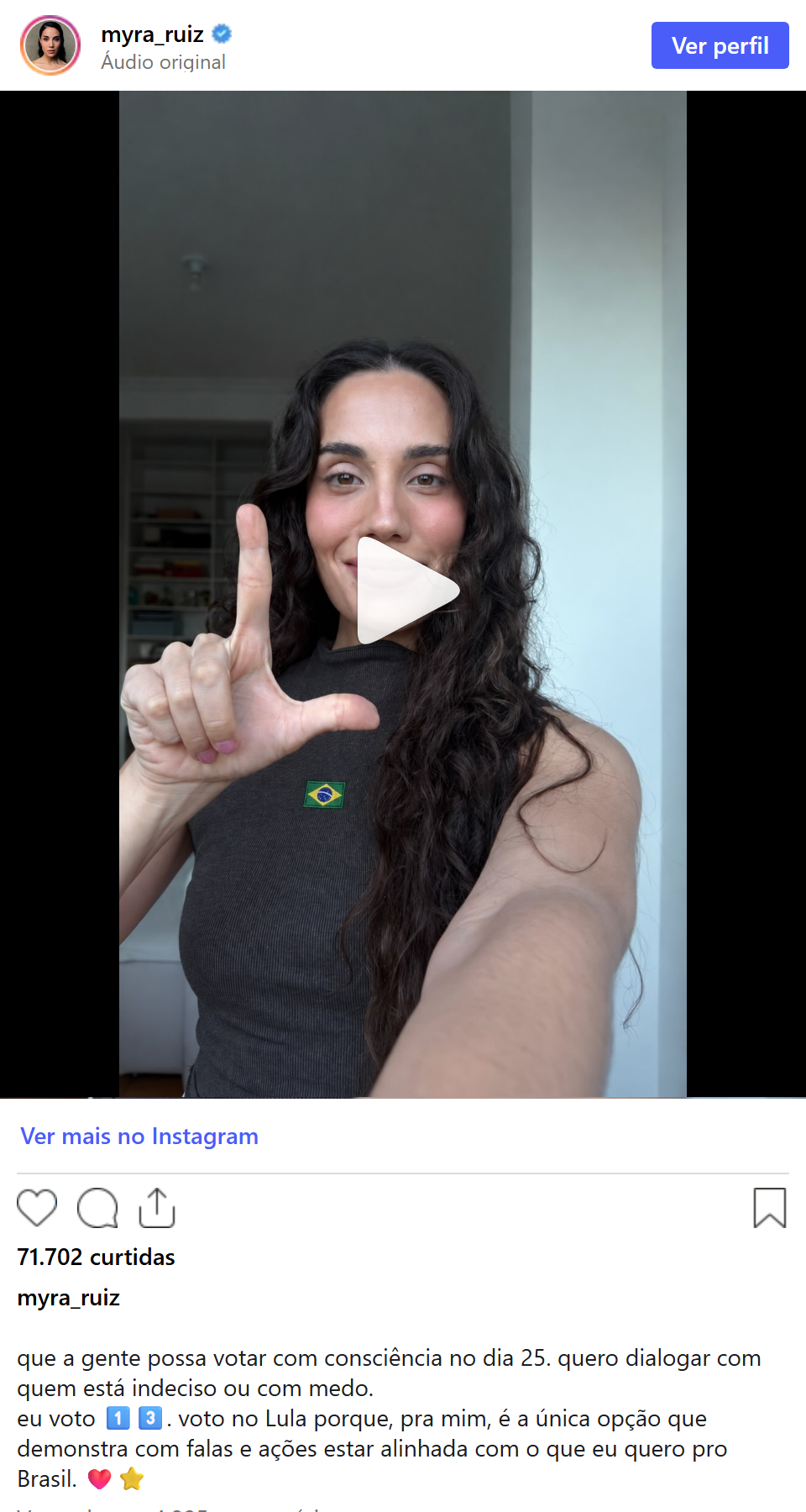 Print arquivado do post de Myra Ruiz em 17/10/2026