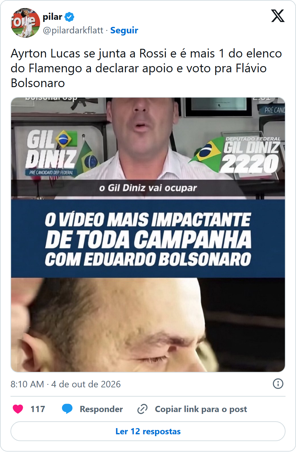 Print arquivado do post de Ayrton Lucas (elenco do Flamengo) em 04/10/2026