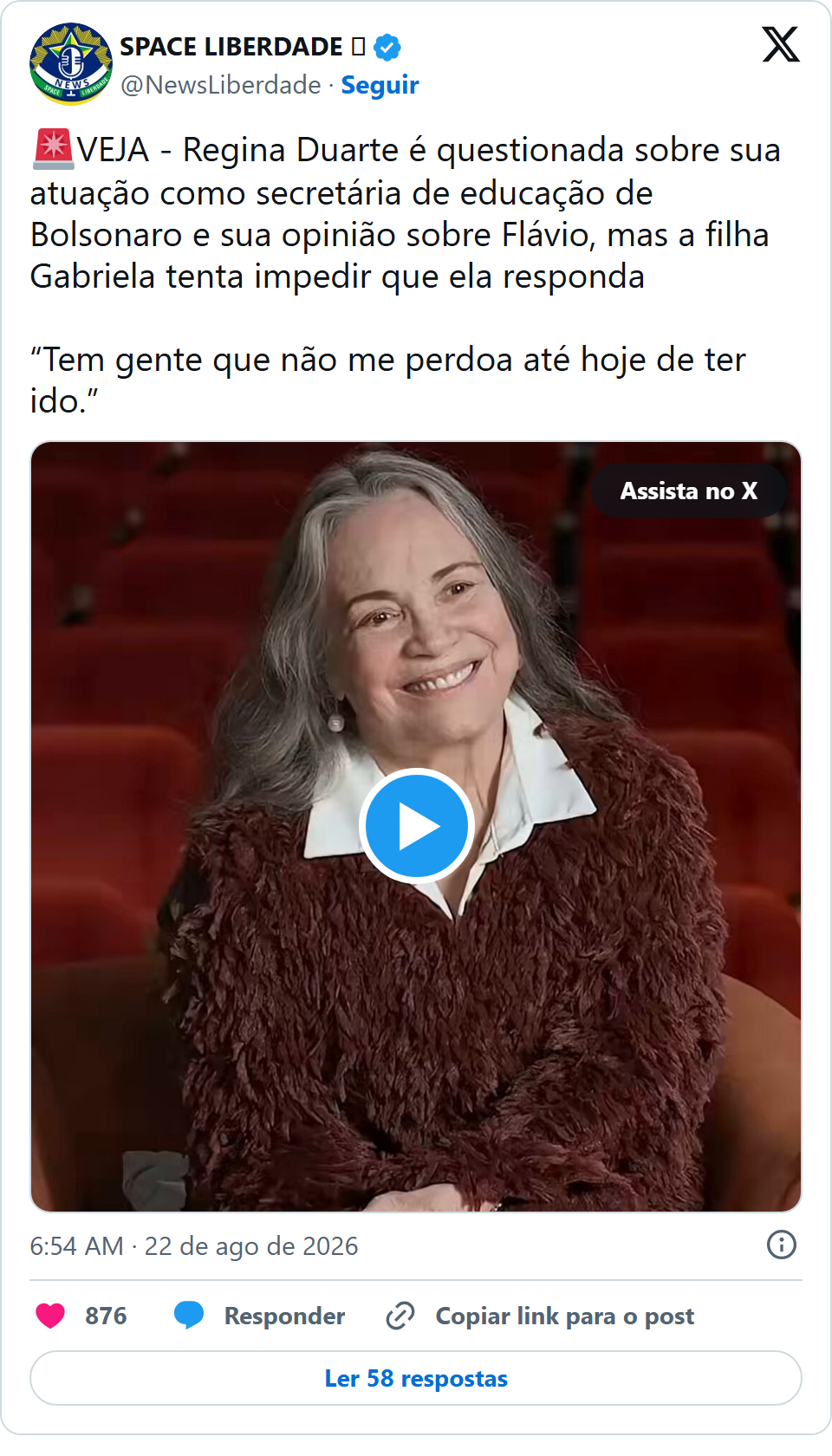 Print arquivado do post de Regina Duarte em 22/08/2026