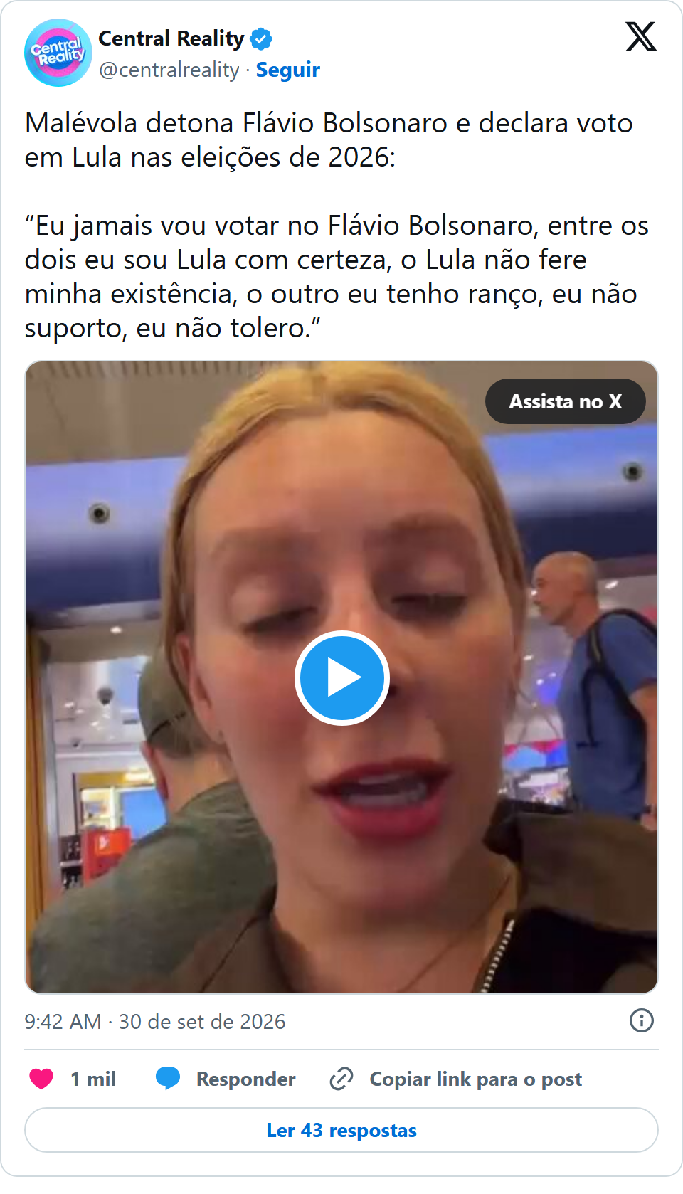 Print arquivado do post de Malévola Alves em 30/09/2026