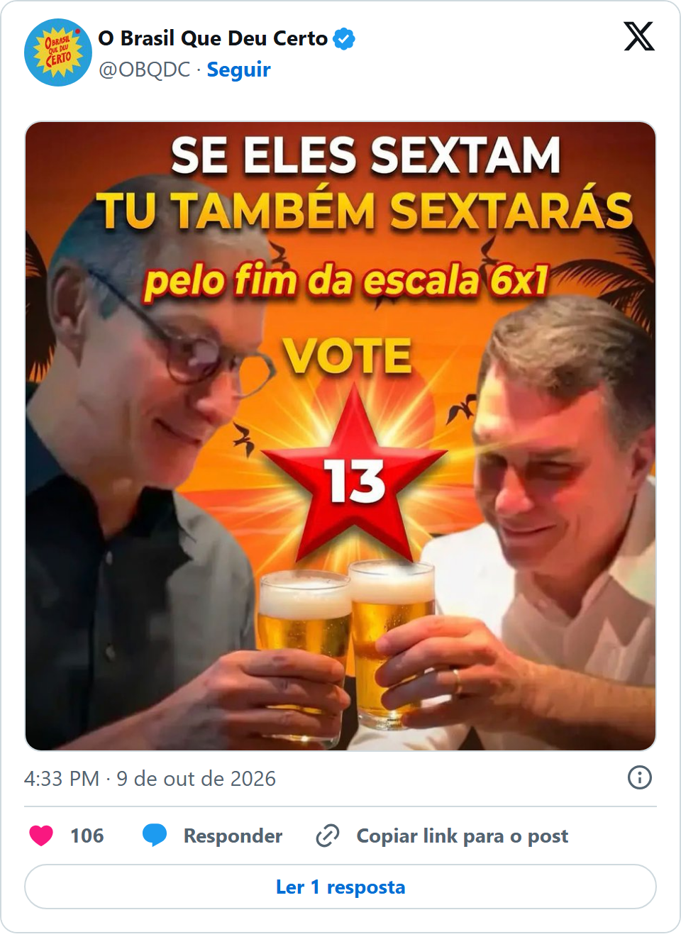 Print arquivado do post de O Brasil Que Deu Certo em 09/10/2026