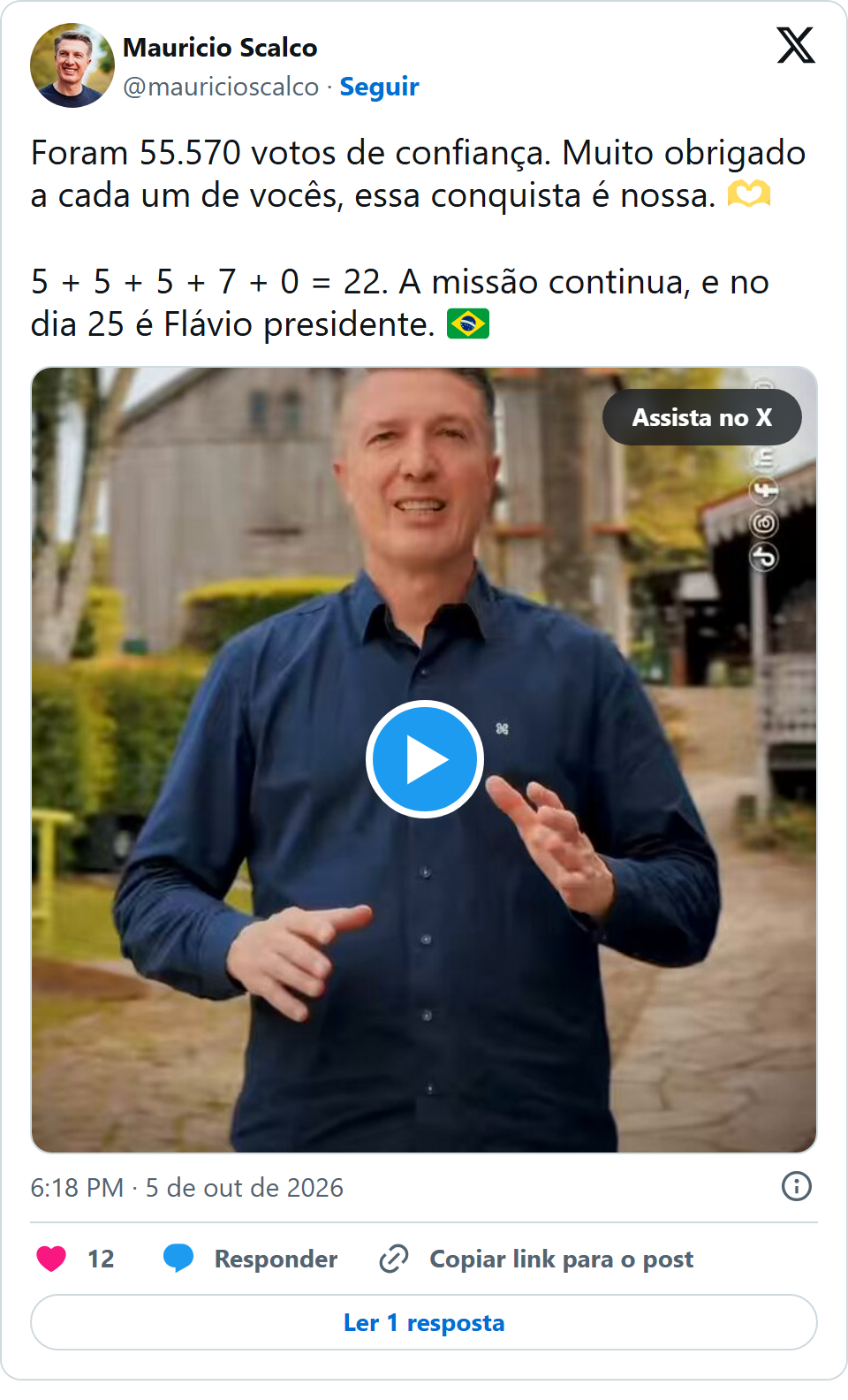 Print arquivado do post de Scalco (PL-RS) em 05/10/2026