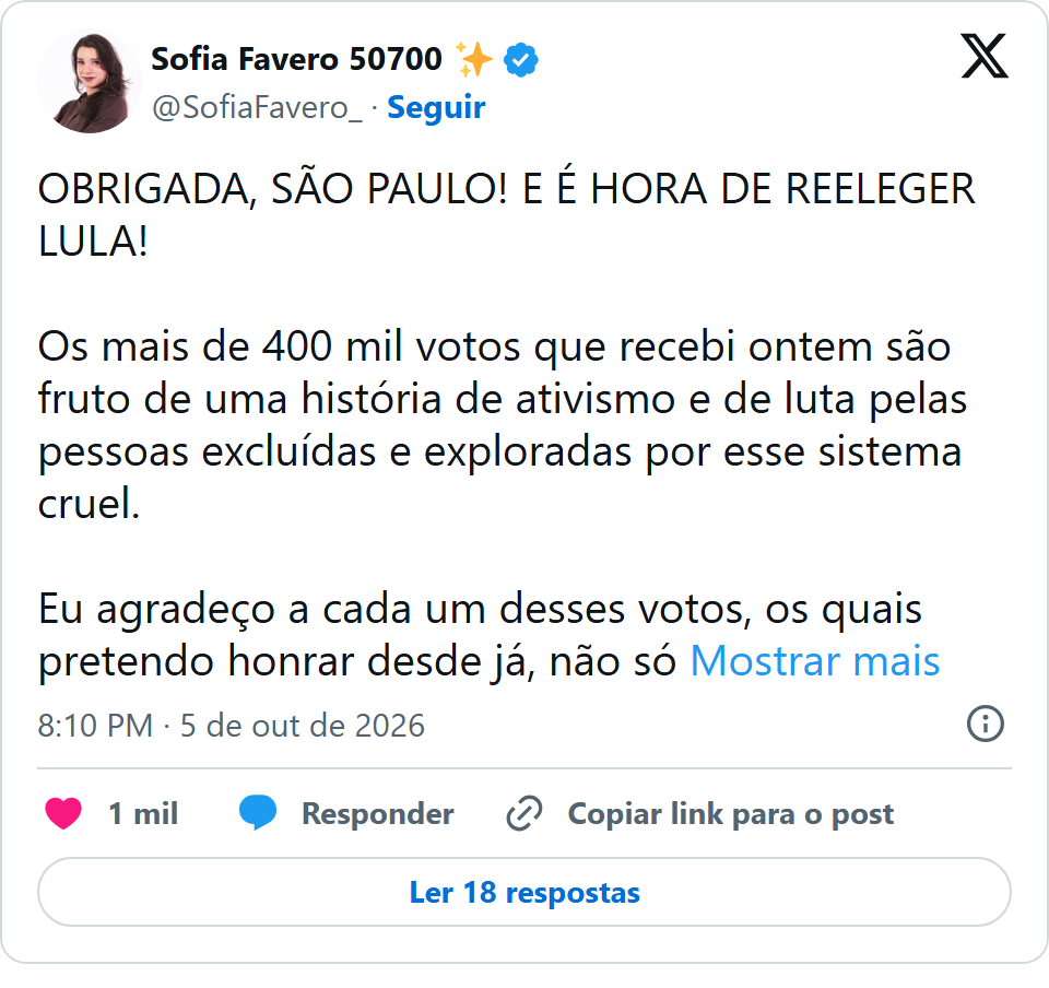 Print arquivado do post de Sofia Favero em 05/10/2026