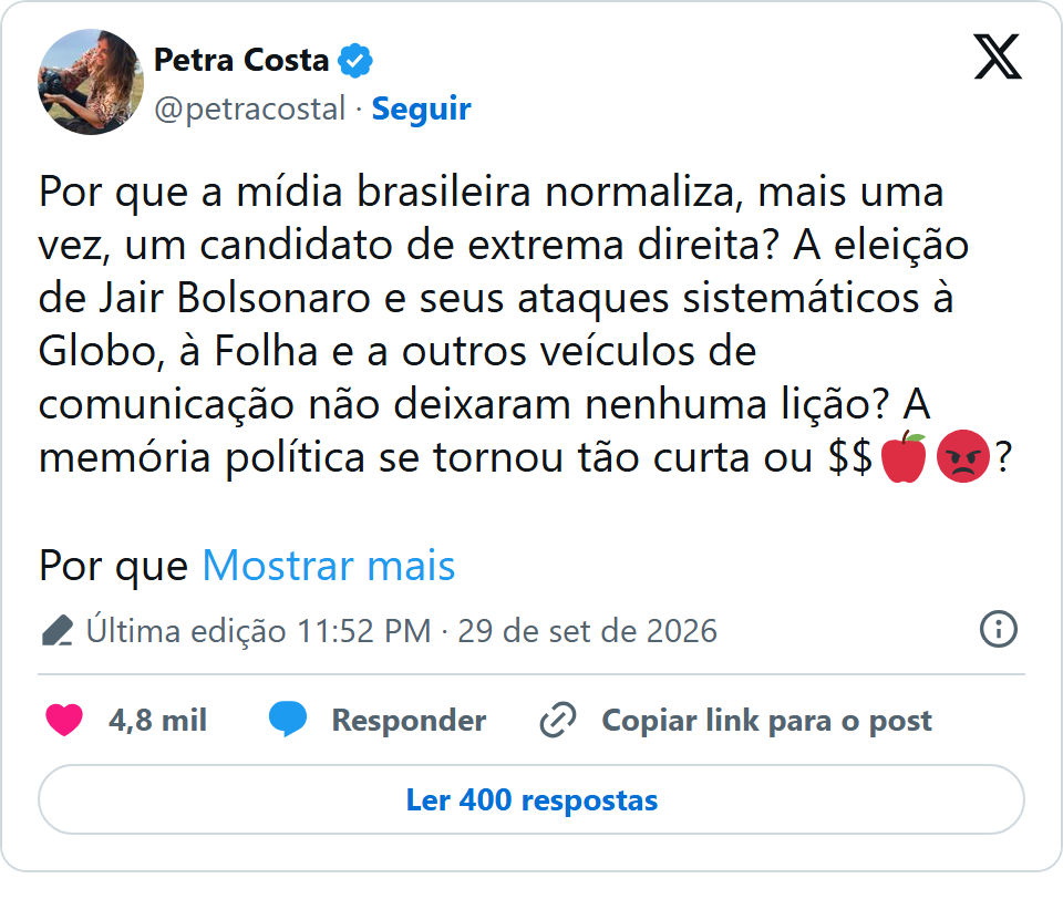 Print arquivado do post de Petra Costa em 29/09/2026