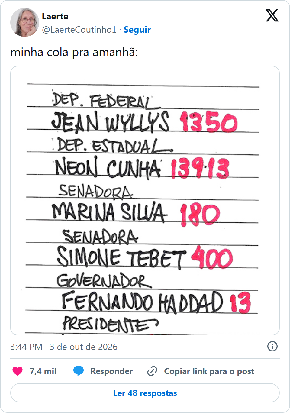 Print arquivado do post de Laerte Coutinho em 03/10/2026