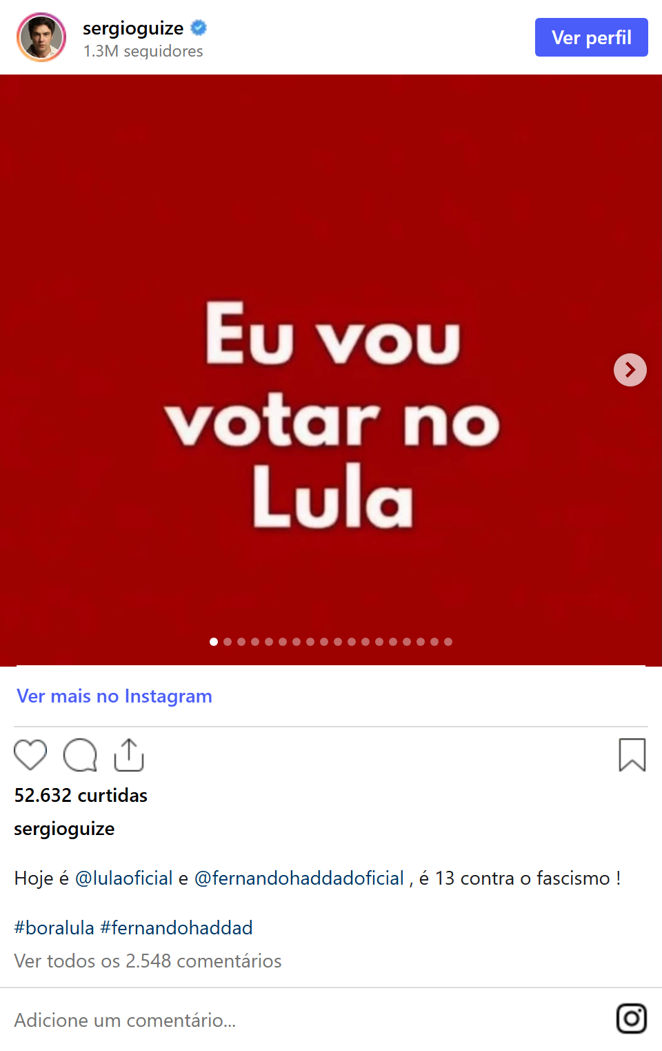 Print arquivado do post de Sérgio Guizé em 04/10/2026
