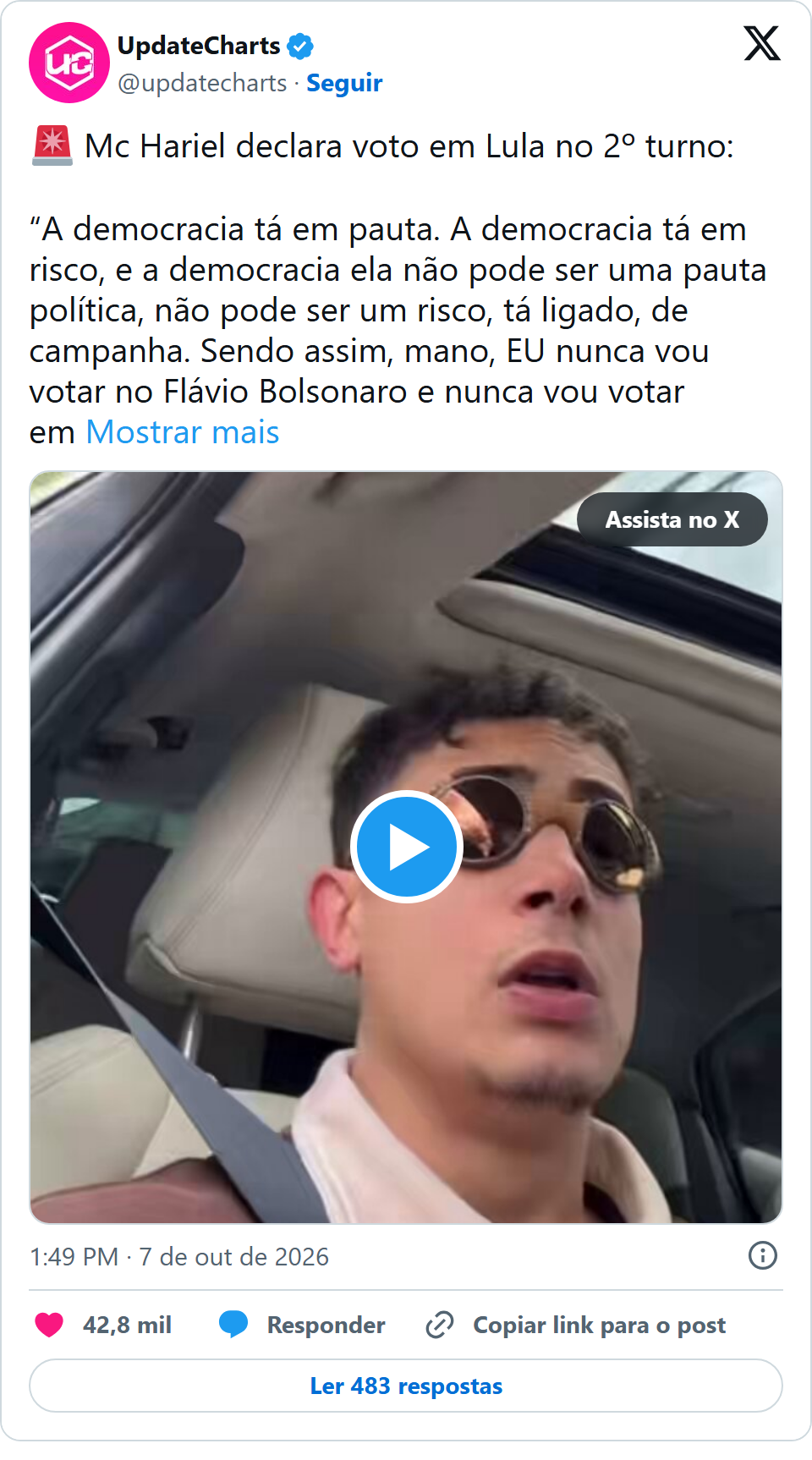 Print arquivado do post de MC Hariel em 07/10/2026