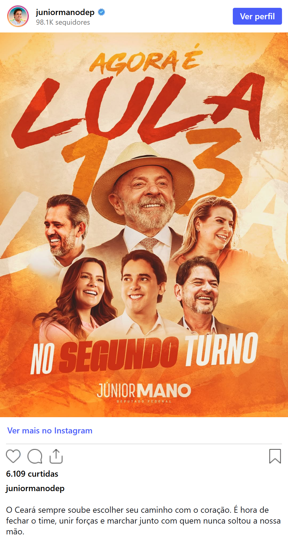 Print arquivado do post de Júnior Mano em 05/10/2026
