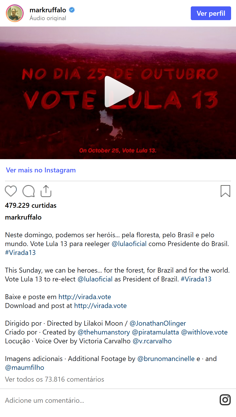 Print arquivado do post de Mark Ruffalo em 23/10/2026