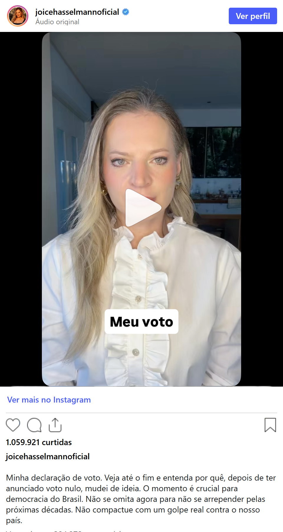 Print arquivado do post de Joice Hasselmann em 22/10/2026