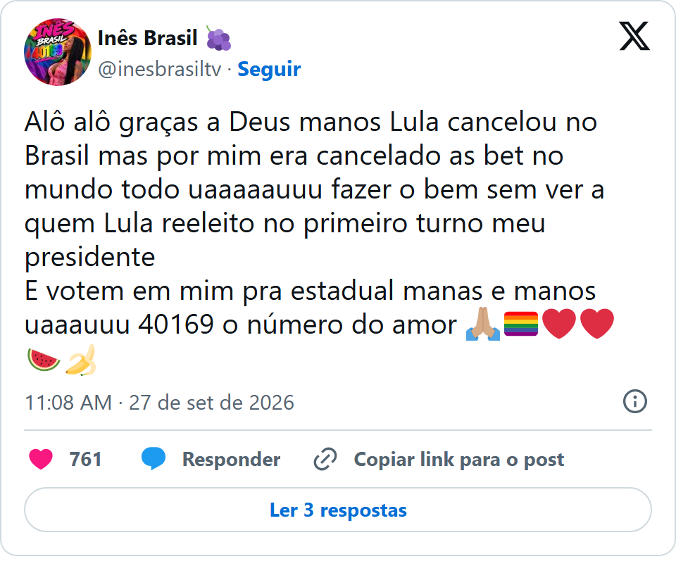 Print arquivado do post de Inês Brasil em 27/09/2026