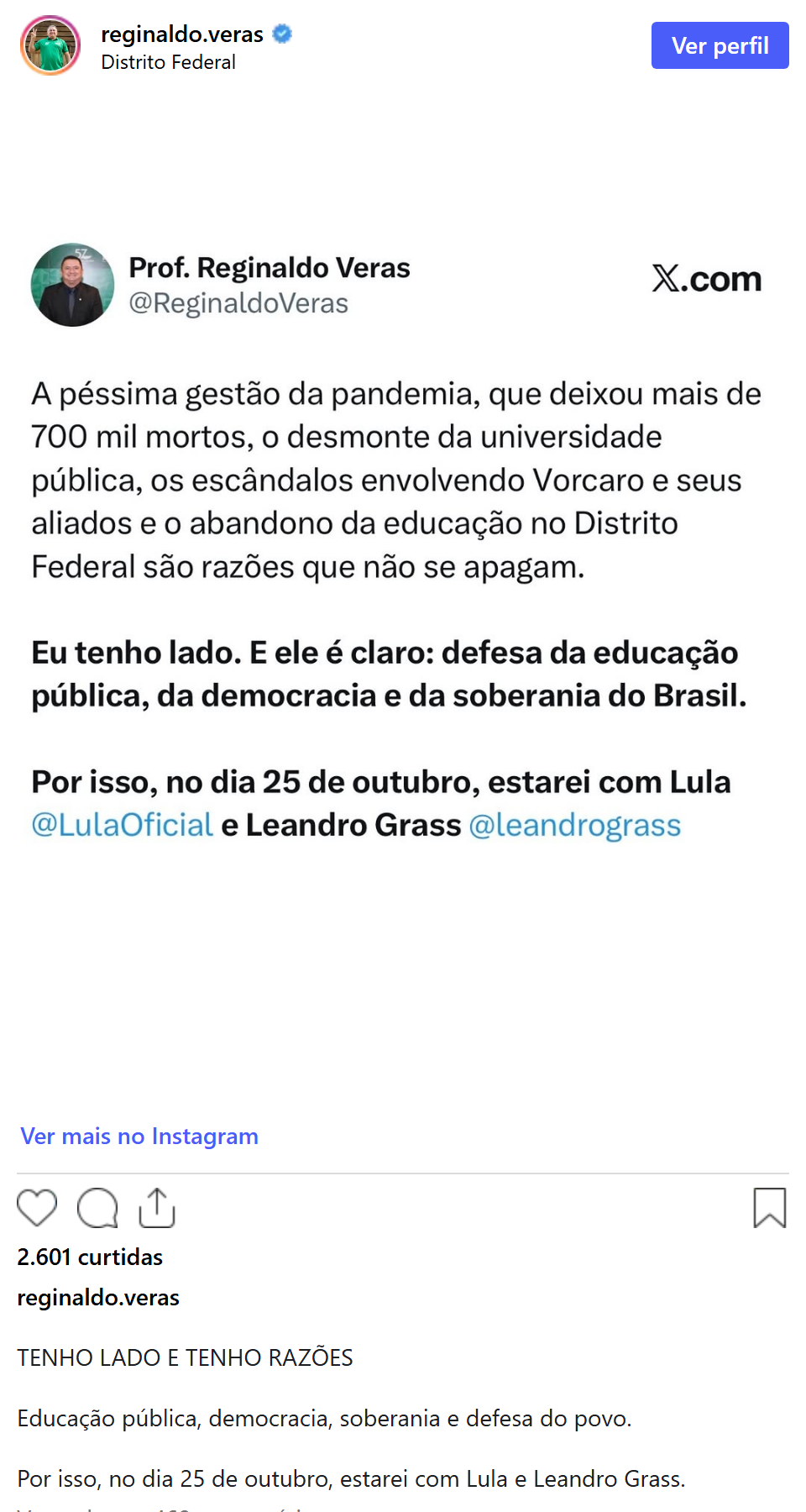 Print arquivado do post de Prof. Reginaldo Veras em 06/10/2026