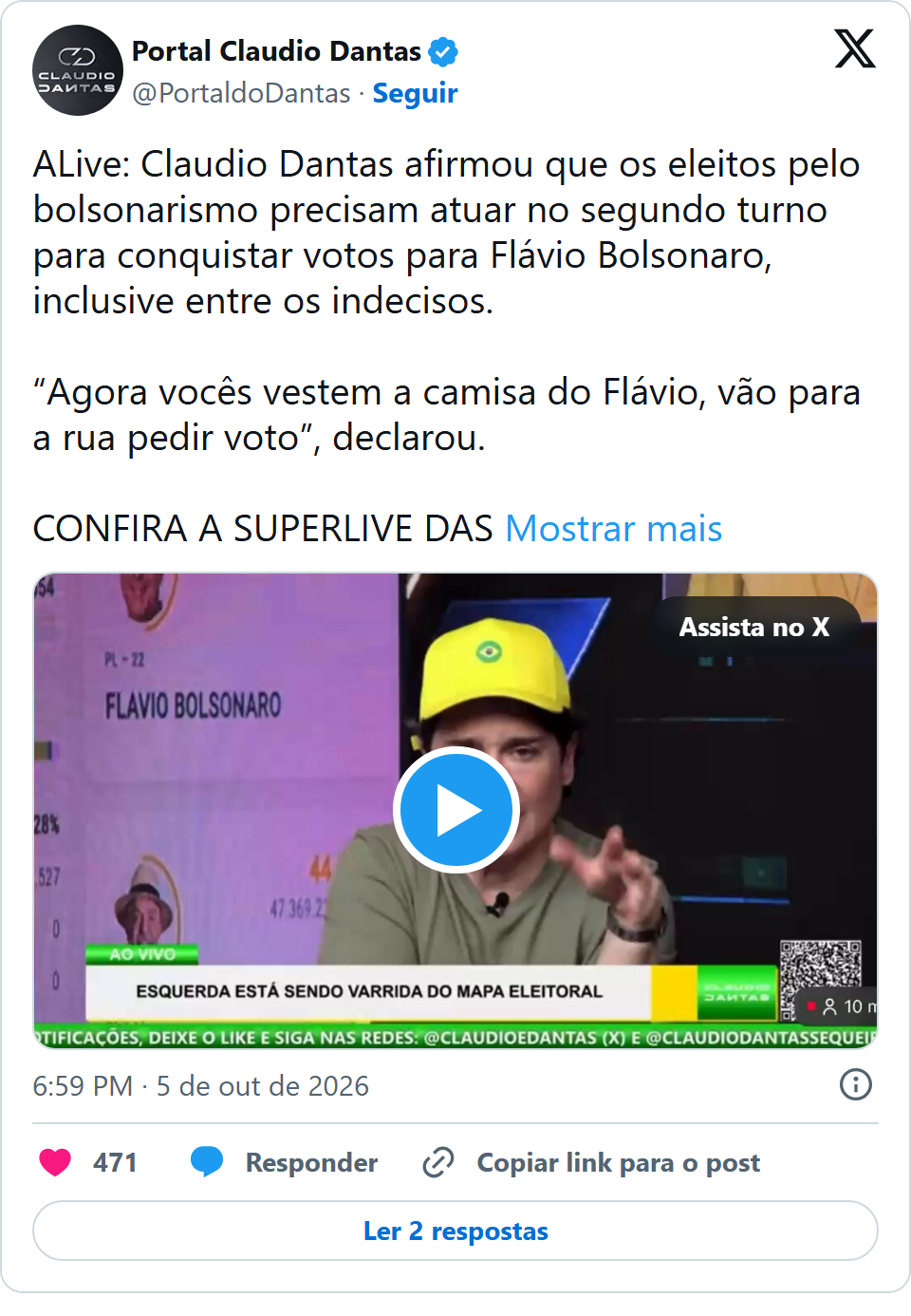 Print arquivado do post de Claudio Dantas em 05/10/2026