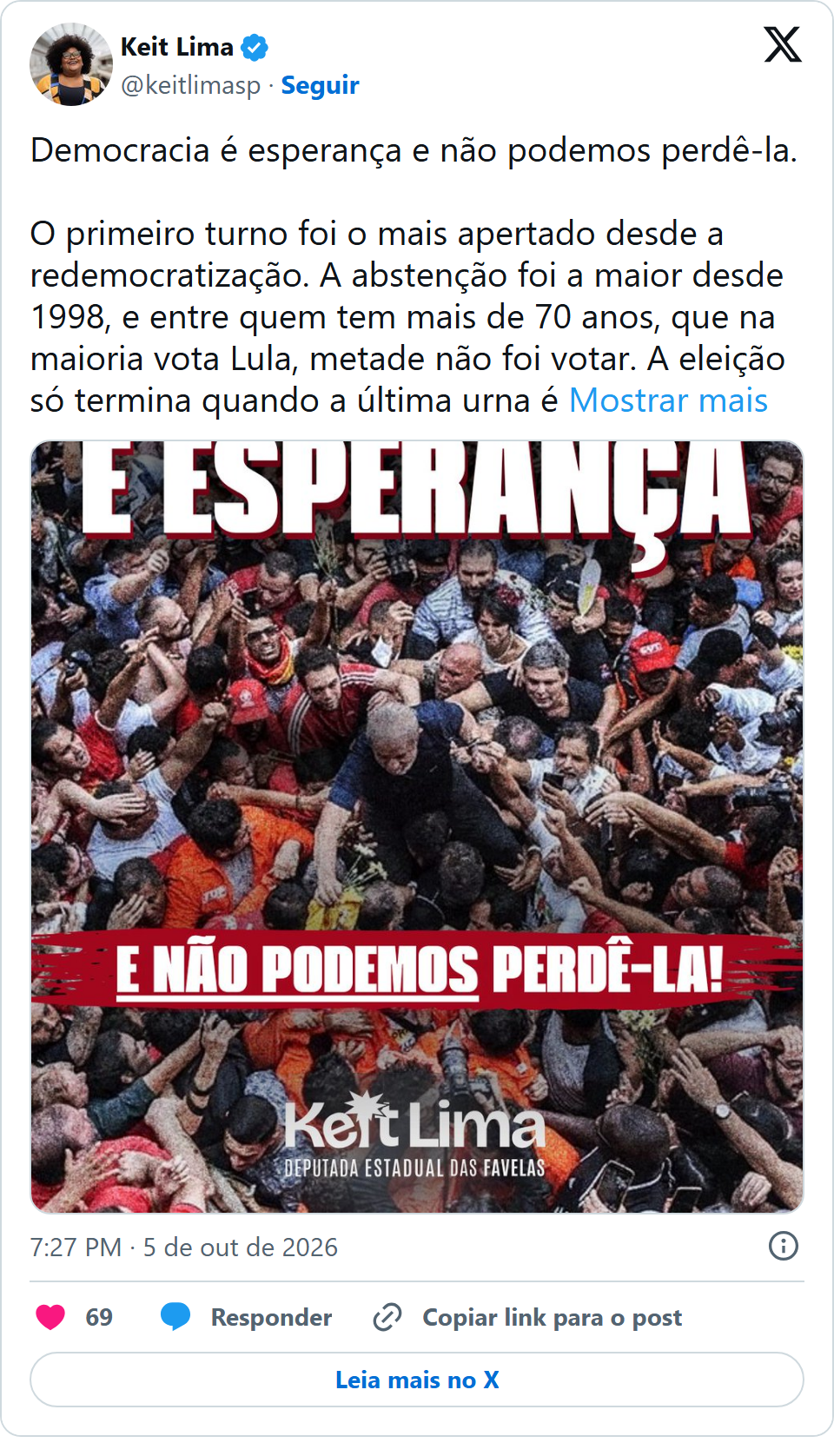 Print arquivado do post de Keit Lima em 05/10/2026