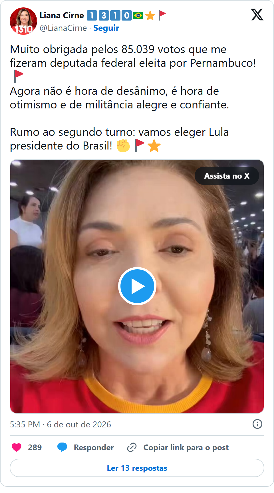 Print arquivado do post de Liana Cirne em 06/10/2026