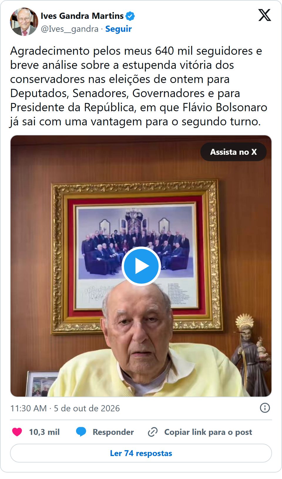 Print arquivado do post de Ives Gandra Martins em 05/10/2026