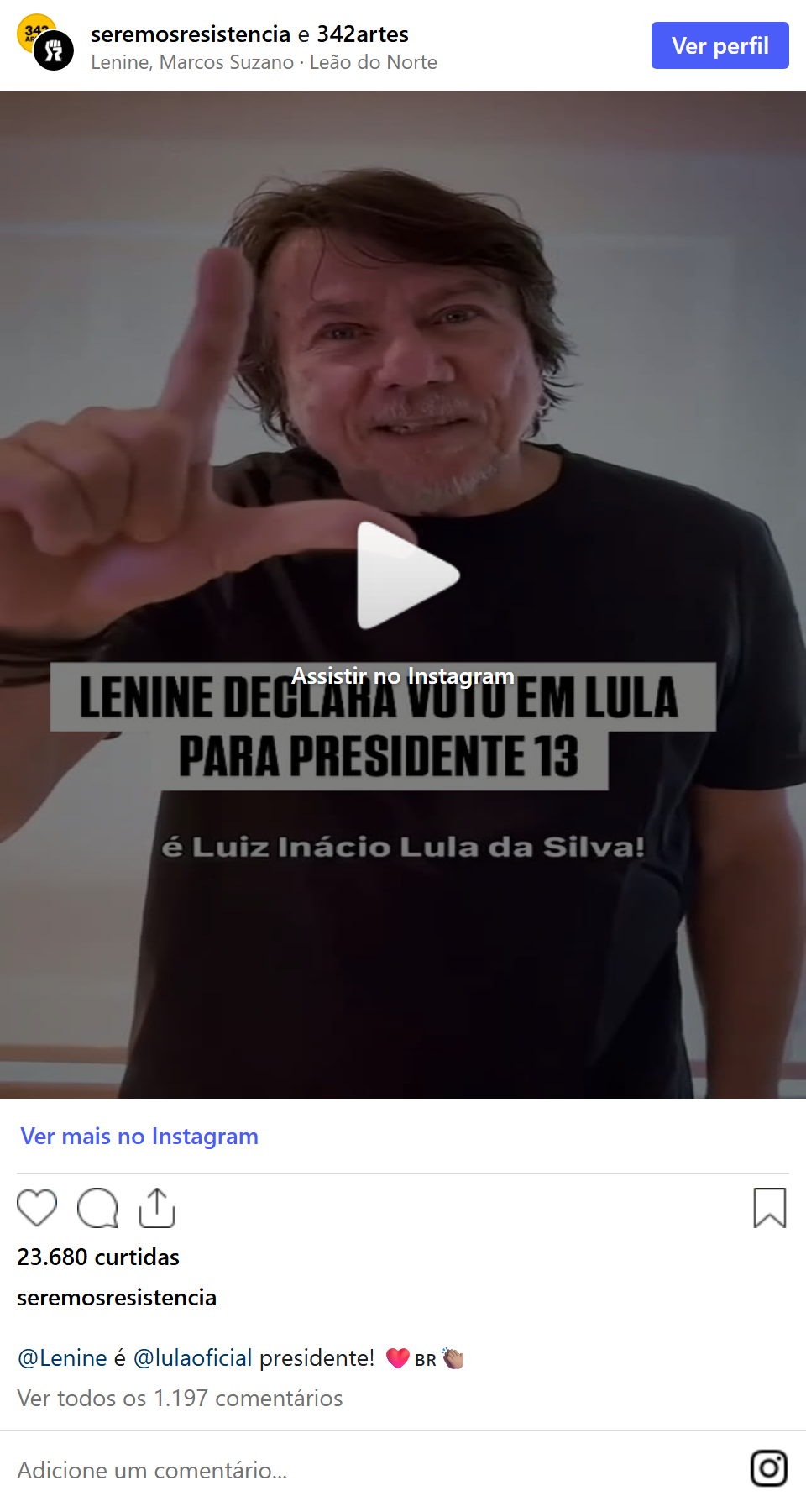Print arquivado do post de Lenine em 03/10/2026