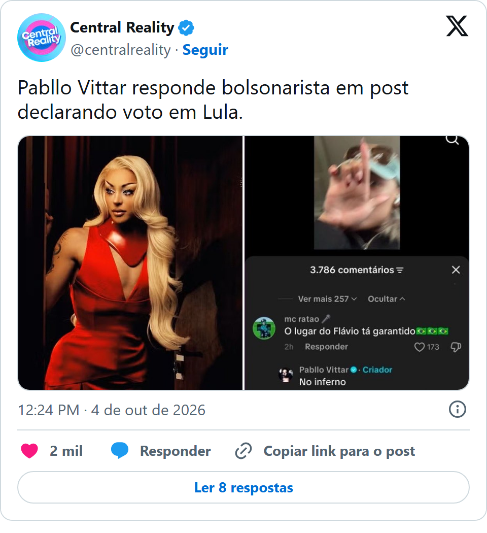 Print arquivado do post de Pabllo Vittar em 04/10/2026