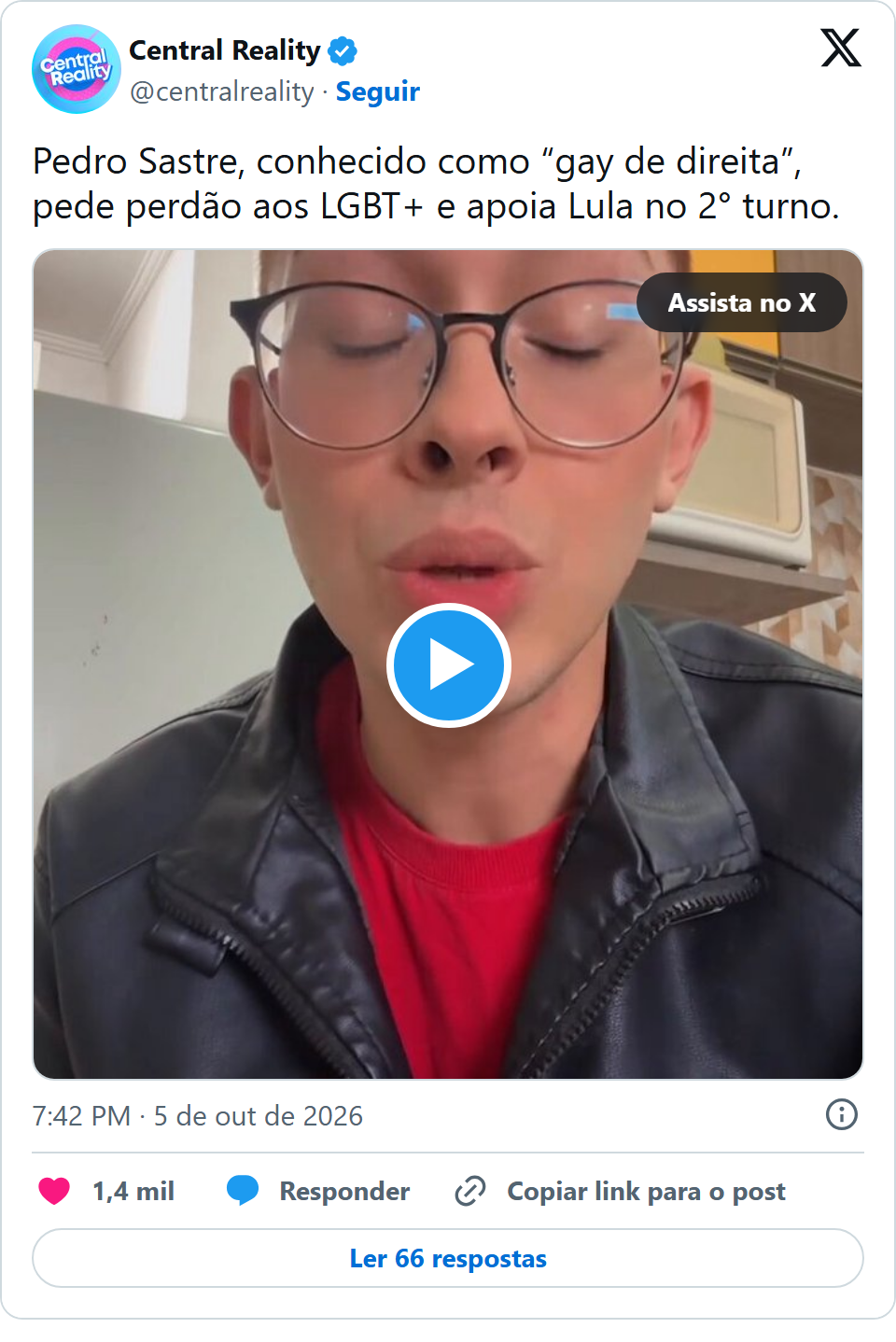 Print arquivado do post de Pedro Sastre em 05/10/2026