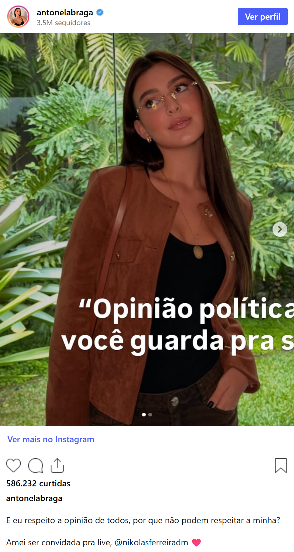 Print arquivado do post de Antonela Braga em 23/10/2026