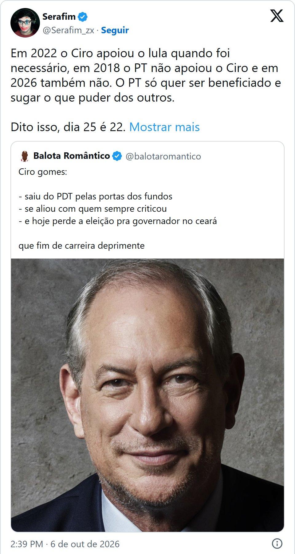 Print arquivado do post de Serafim em 06/10/2026
