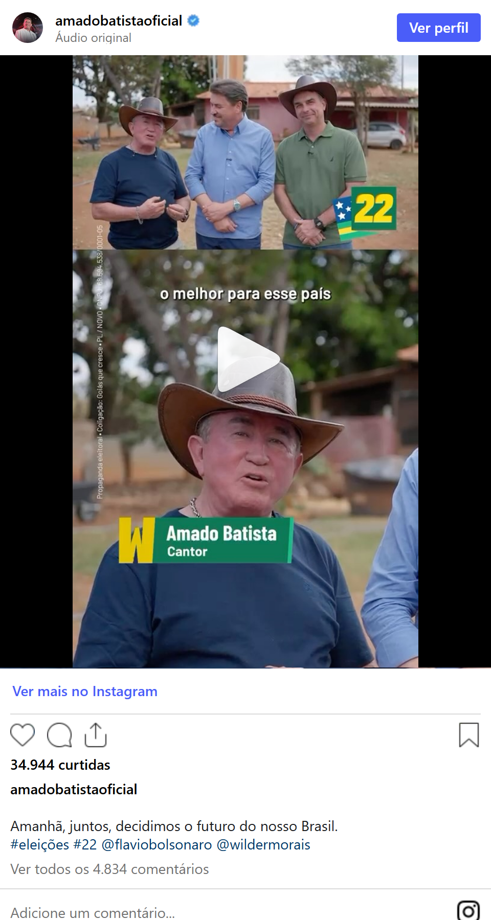 Print arquivado do post de Amado Batista em 03/10/2026