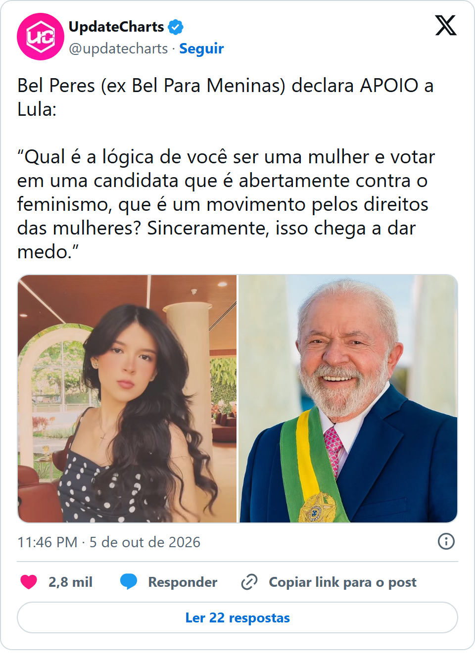 Print arquivado do post de Bel Peres em 05/10/2026